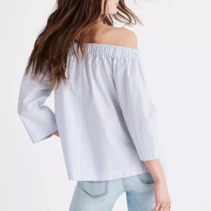 Madewell Off the Shoulder Stripe Top Blue White 3/4 Sleeve Cotton Sz Sma…
